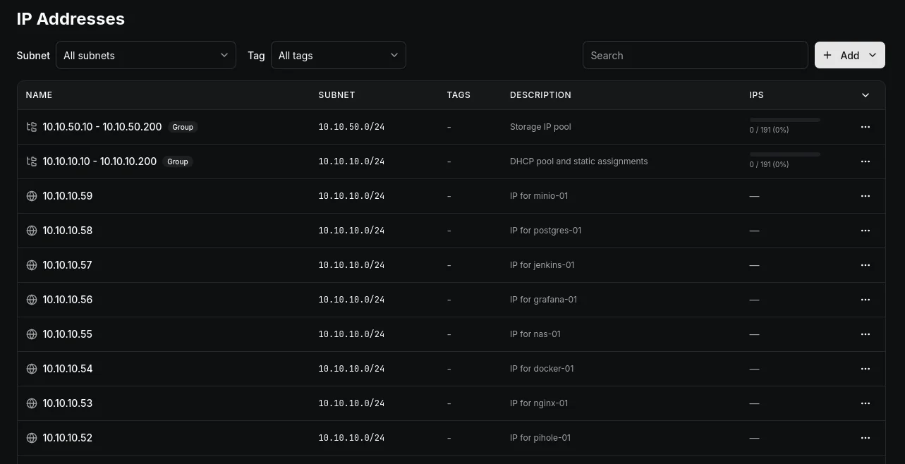 Obelinf IP Addresses page showing address groups and assigned homelab service IPs