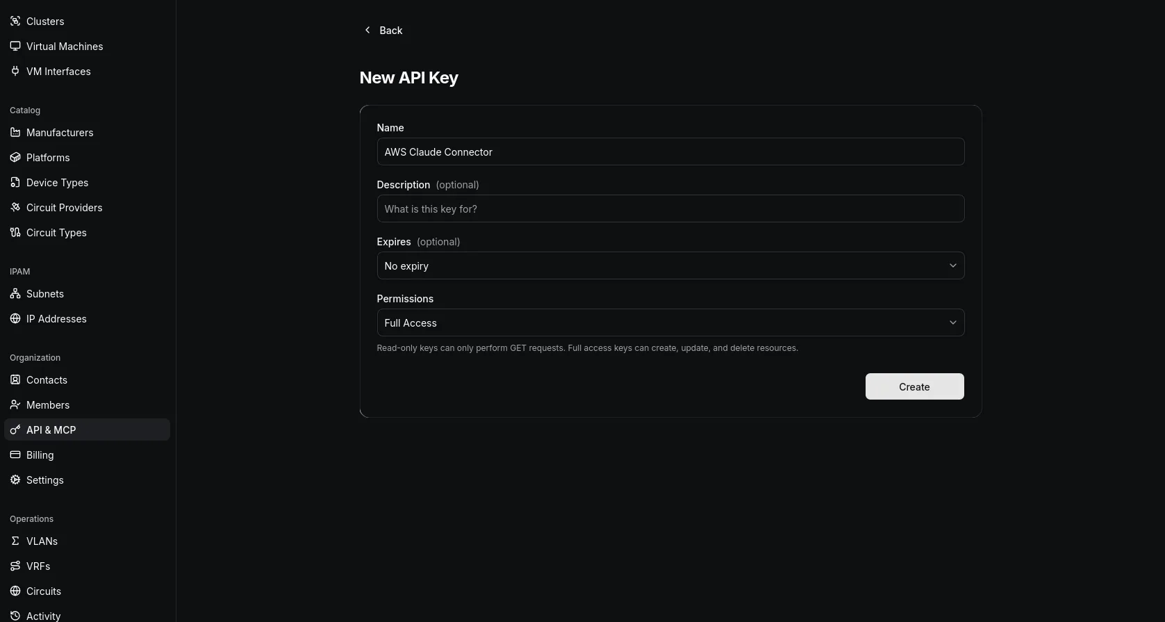Obelinf API and MCP new key form with the AWS Claude Connector name and Full Access permission selected